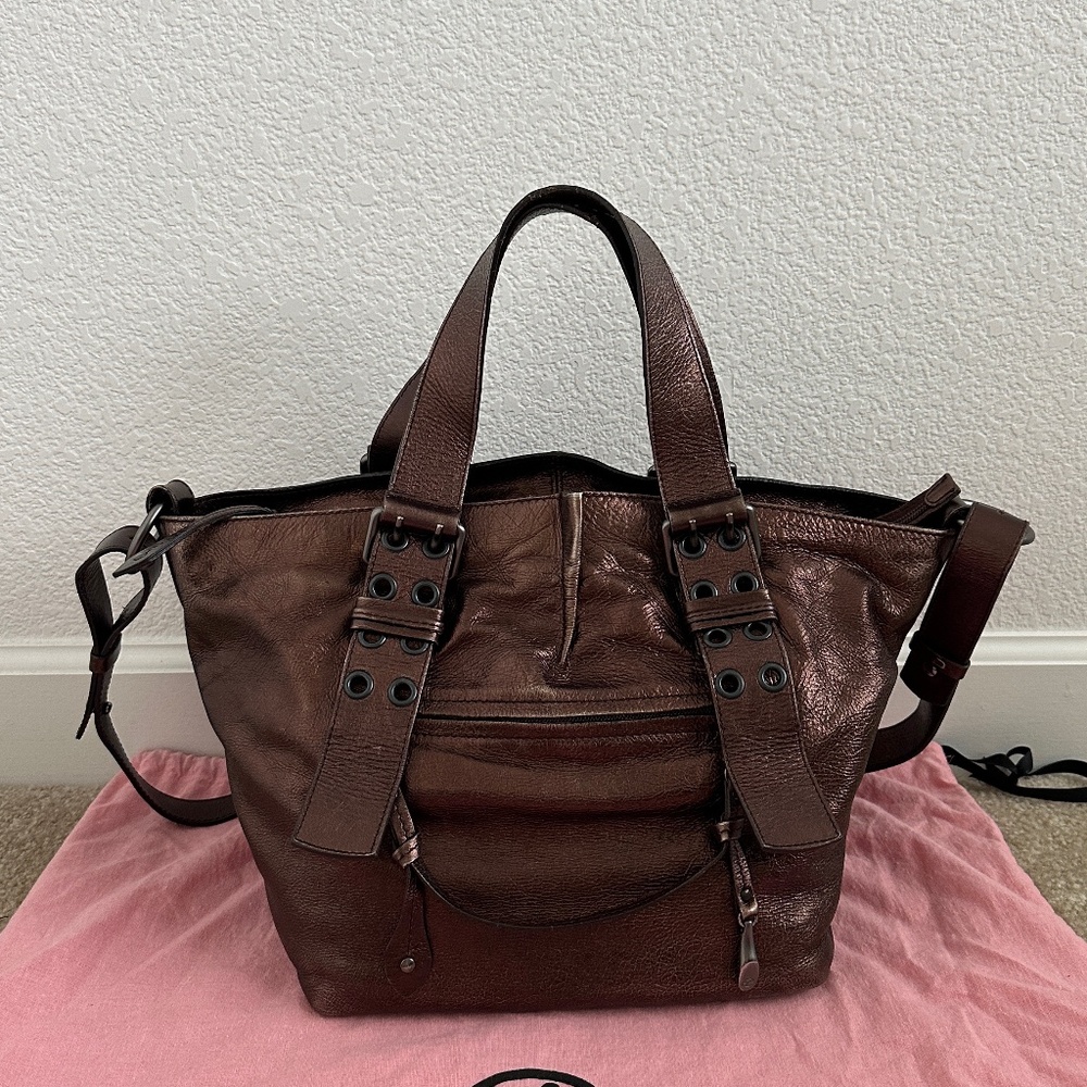 Francesco Biasia Metallic Bronze Leather Crossbody Satchel Tote Bag
